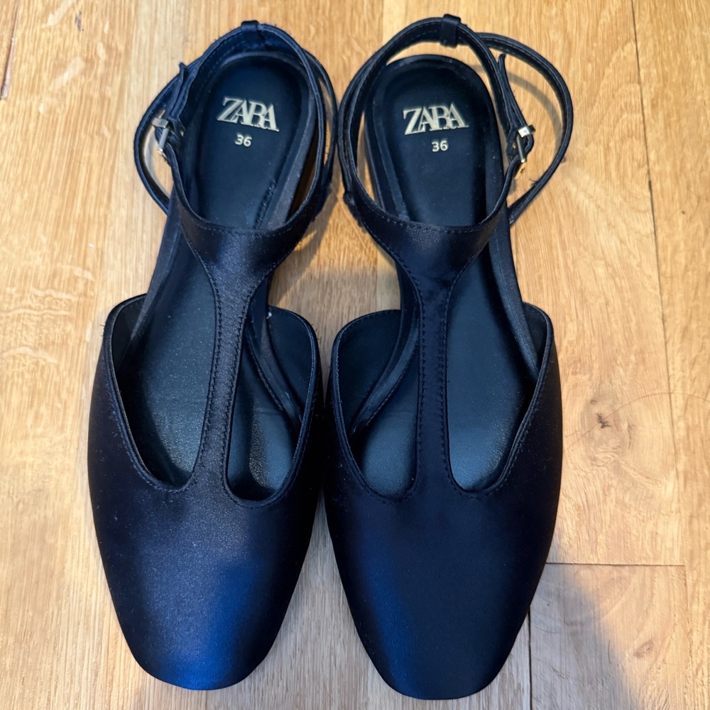 NWOT Zara black satin effect T-strap Mary Jane flats size 6